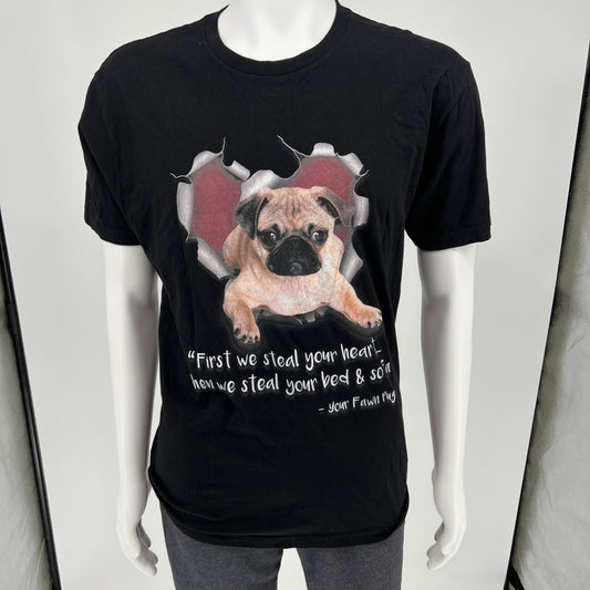 Your Fawn Pug "First we steal your heart..." Black Graphic T-Shirt (Large)