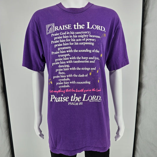 Vintage 1990s Alpha Omega Designs Praise the Lord Psalm 150 Purple T-Shirt (XL)