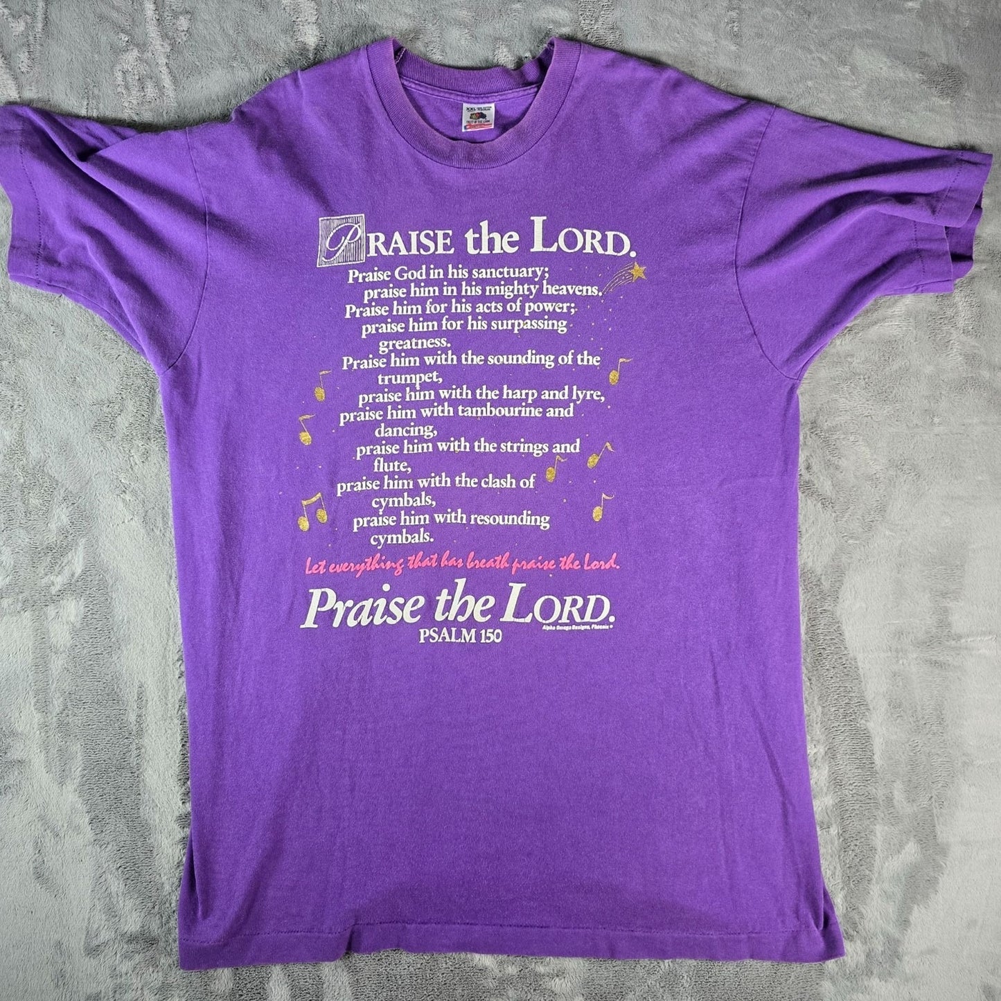 Vintage 1990s Alpha Omega Designs Praise the Lord Psalm 150 Purple T-Shirt (XL)