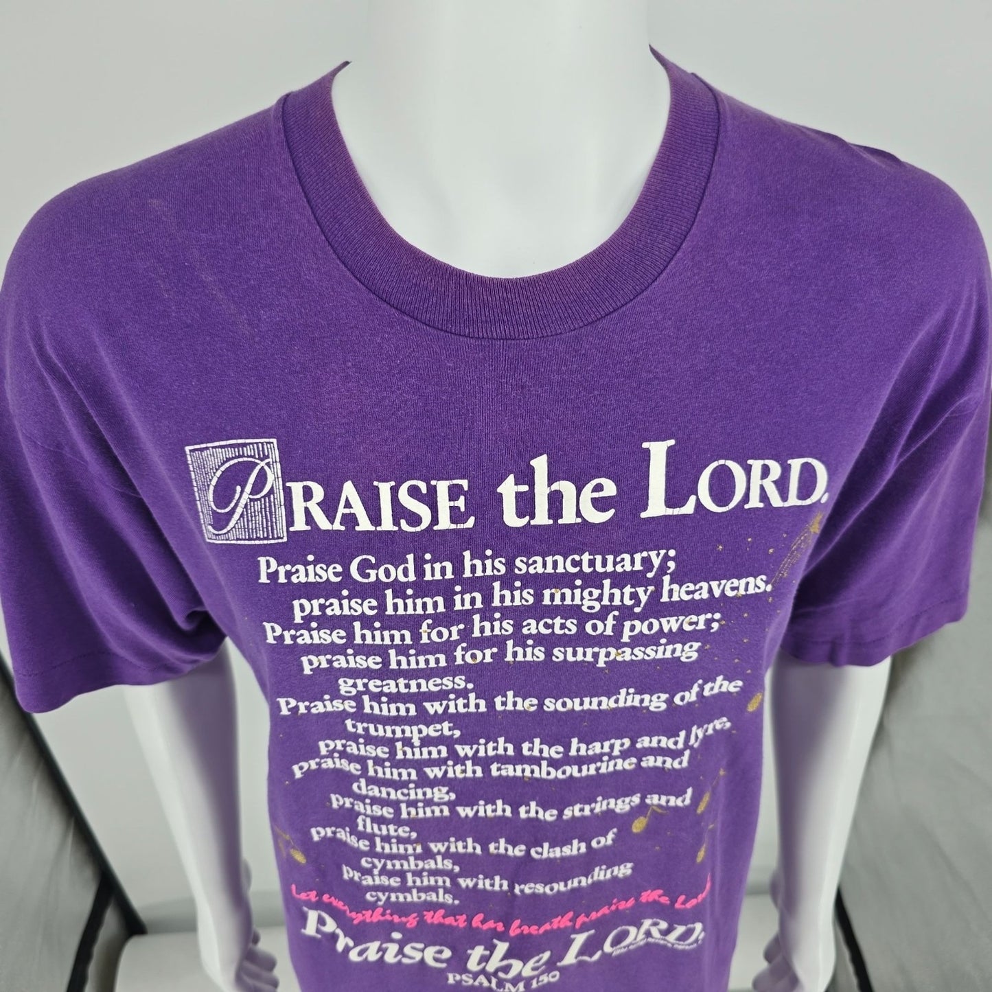 Vintage 1990s Alpha Omega Designs Praise the Lord Psalm 150 Purple T-Shirt (XL)