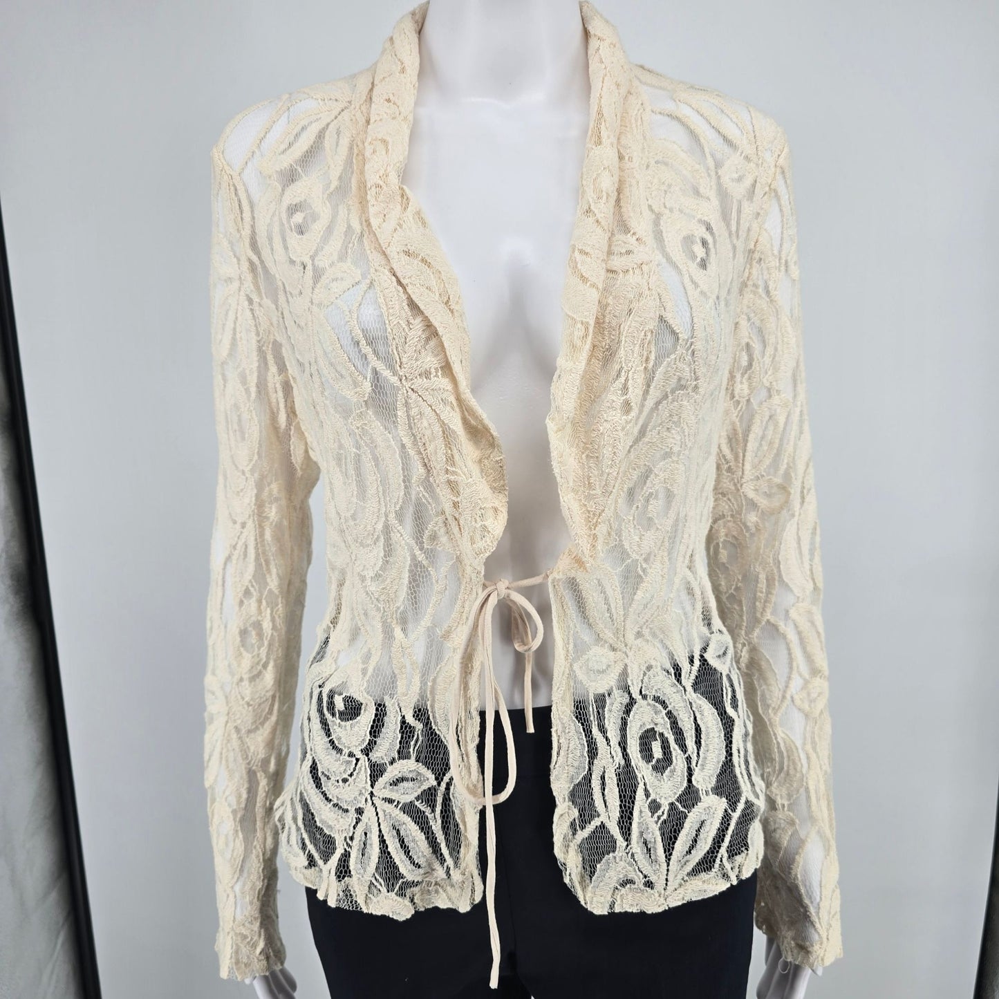 Vintage Y2K ISSI Boho Cotton/Nylon Cream Floral Lace Open Front Cardigan Top (M)