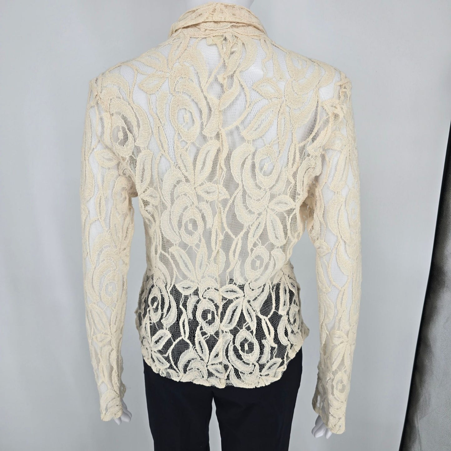 Vintage Y2K ISSI Boho Cotton/Nylon Cream Floral Lace Open Front Cardigan Top (M)