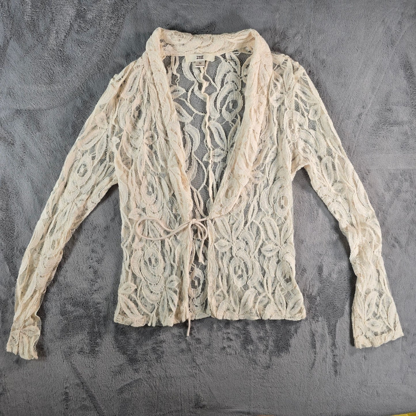 Vintage Y2K ISSI Boho Cotton/Nylon Cream Floral Lace Open Front Cardigan Top (M)
