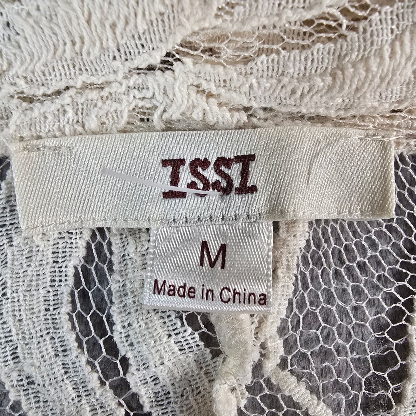 Vintage Y2K ISSI Boho Cotton/Nylon Cream Floral Lace Open Front Cardigan Top (M)