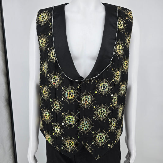 Vintage 1990s Rivar's Stagewear Black Sunburst Sequin Rhinestone Trim Vest (L)