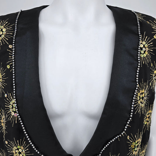 Vintage 1990s Rivar's Stagewear Black Sunburst Sequin Rhinestone Trim Vest (L)