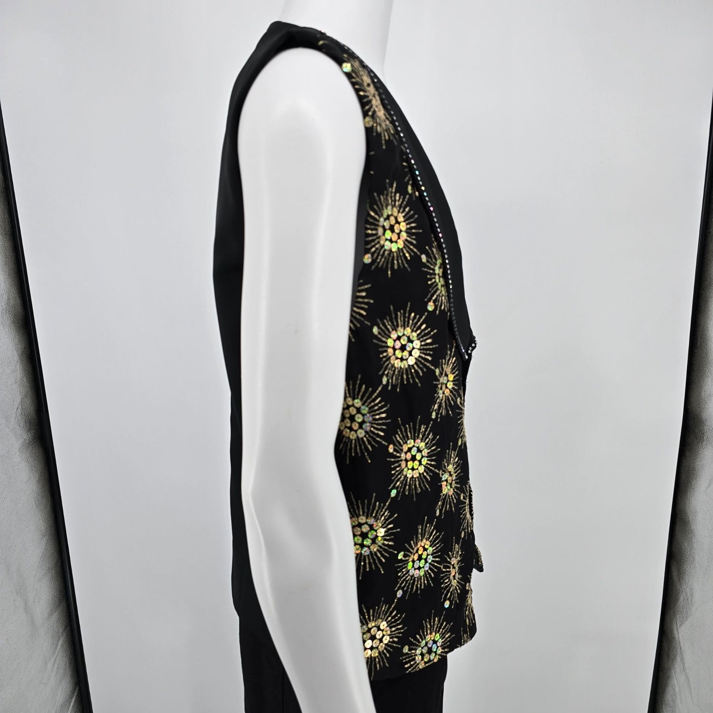 Vintage 1990s Rivar's Stagewear Black Sunburst Sequin Rhinestone Trim Vest (L)