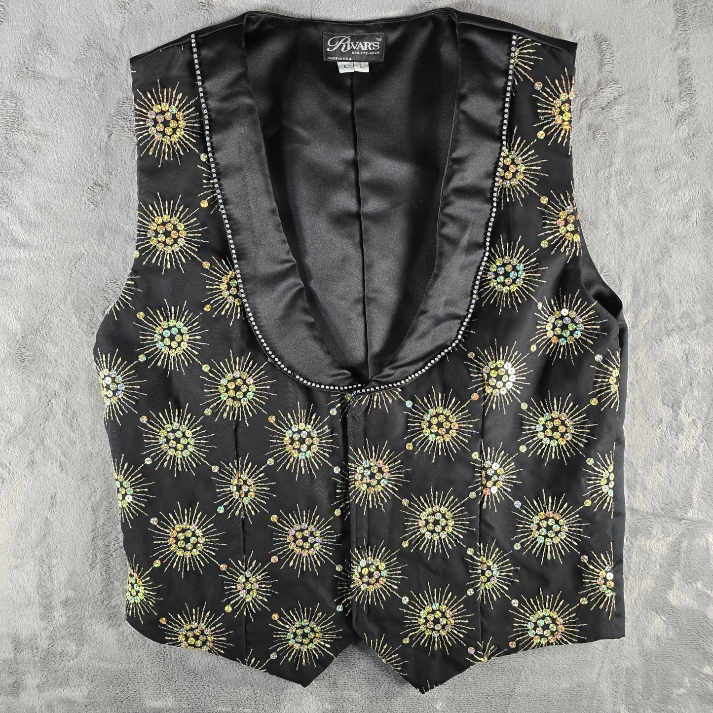 Vintage 1990s Rivar's Stagewear Black Sunburst Sequin Rhinestone Trim Vest (L)