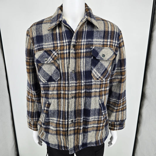 Vintage Late 1980s Outreach Plaid Sherpa Lined Snap Button Wool Blend Jacket (M)