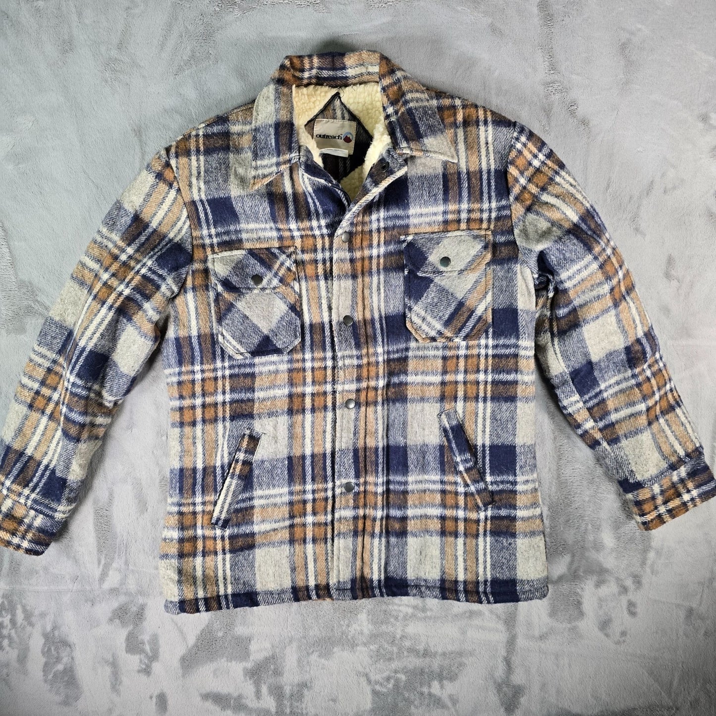 Vintage Late 1980s Outreach Plaid Sherpa Lined Snap Button Wool Blend Jacket (M)