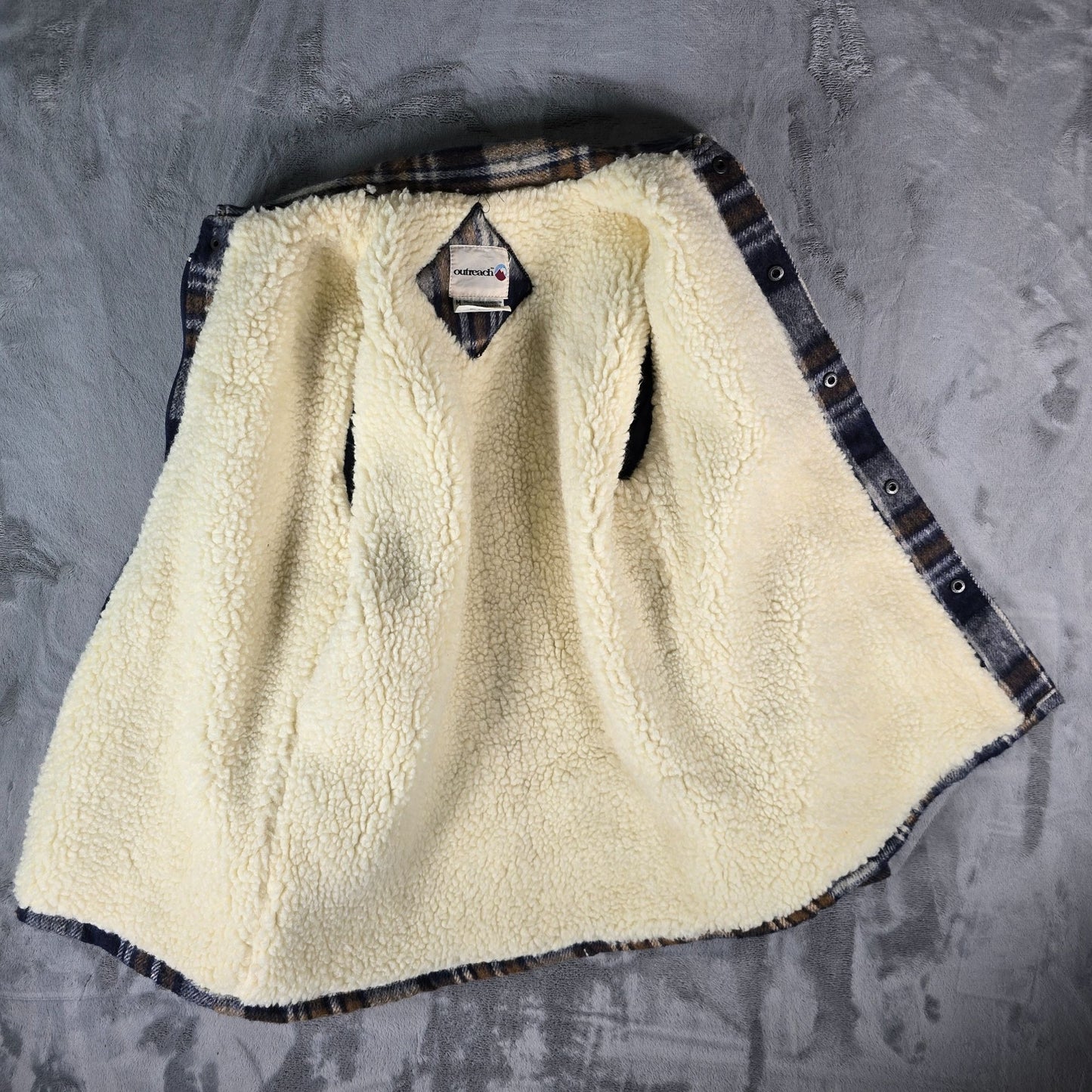 Vintage Late 1980s Outreach Plaid Sherpa Lined Snap Button Wool Blend Jacket (M)