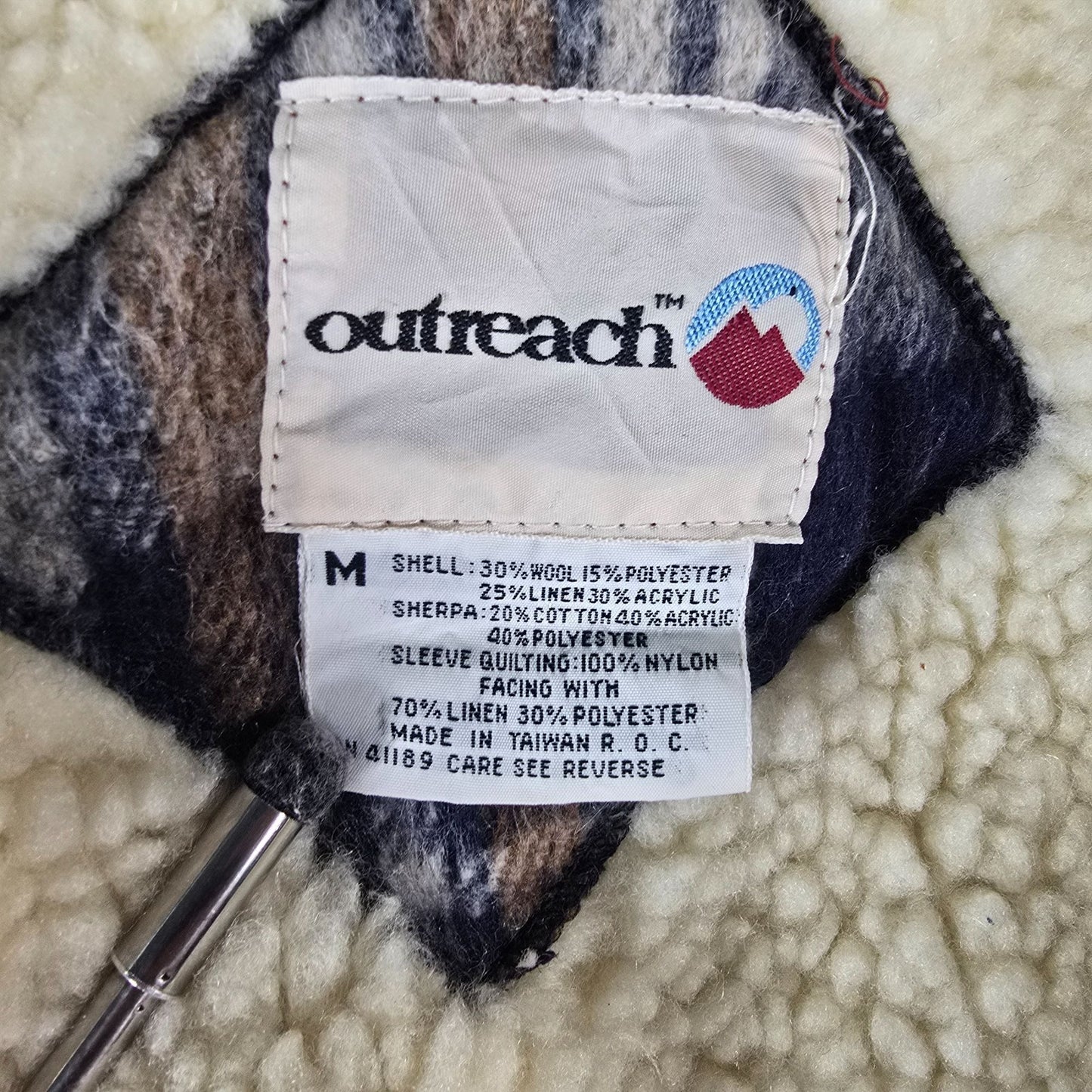 Vintage Late 1980s Outreach Plaid Sherpa Lined Snap Button Wool Blend Jacket (M)