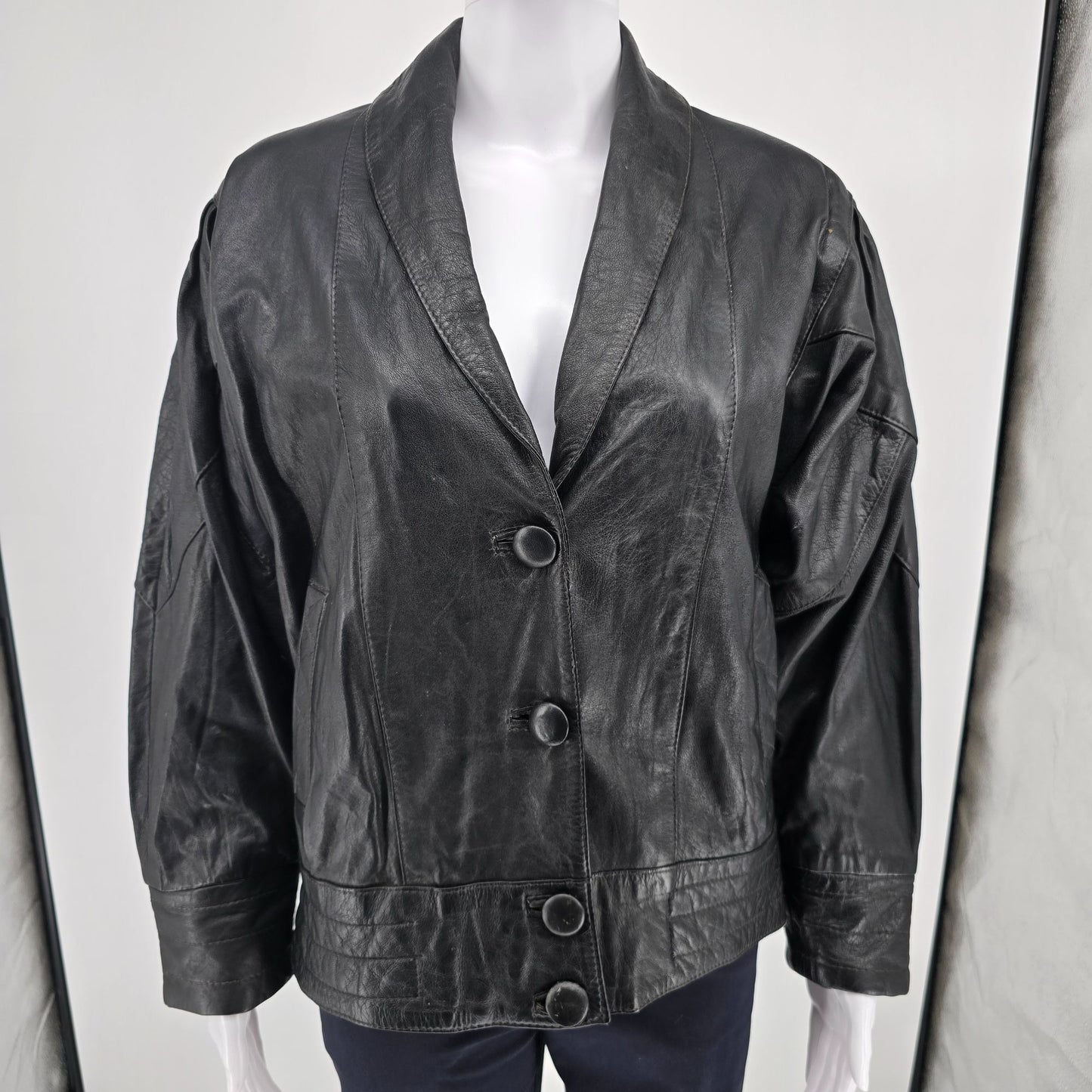 Vintage 1980s Samson Women's Oversized Batwing Sleeve Black Leather Jacket (L)