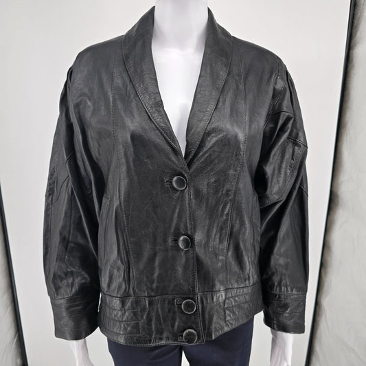 Vintage 1980s Samson Women's Oversized Batwing Sleeve Black Leather Jacket (L)
