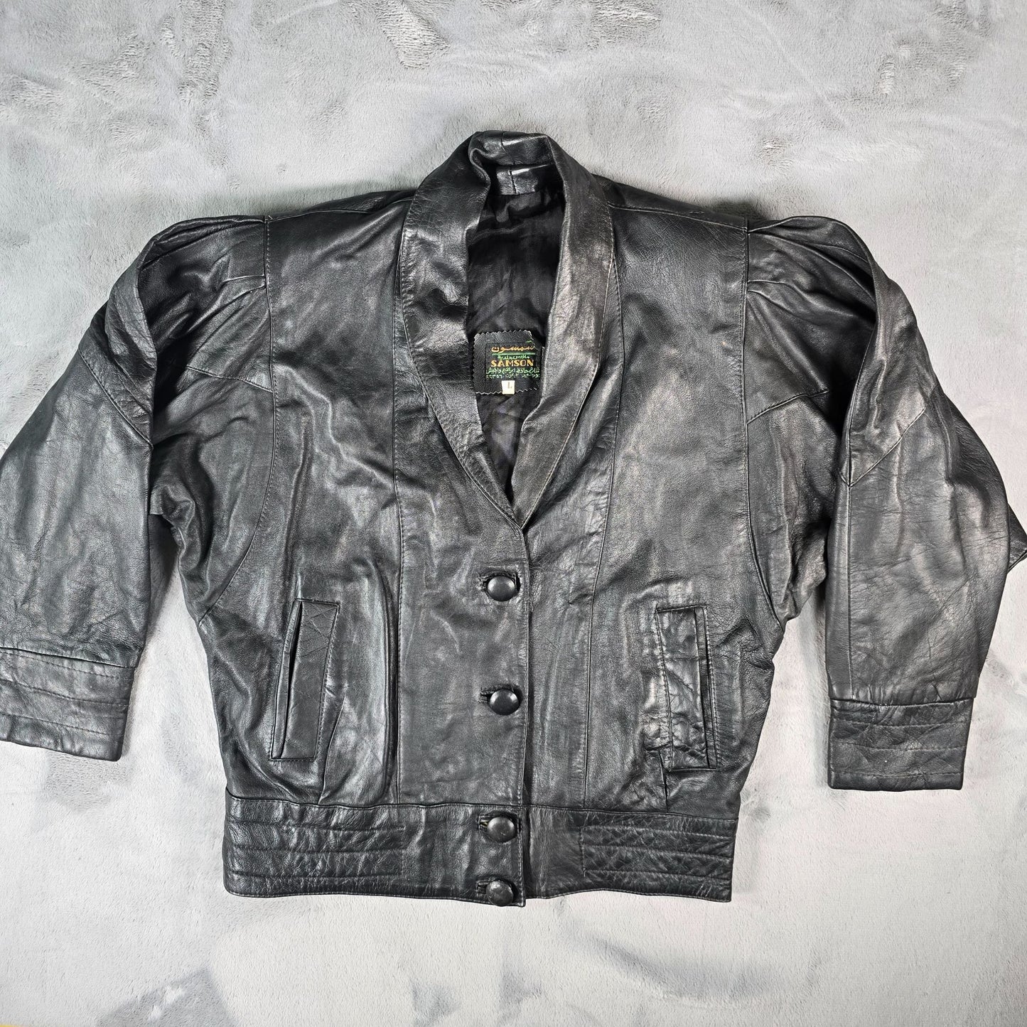 Vintage 1980s Samson Women's Oversized Batwing Sleeve Black Leather Jacket (L)