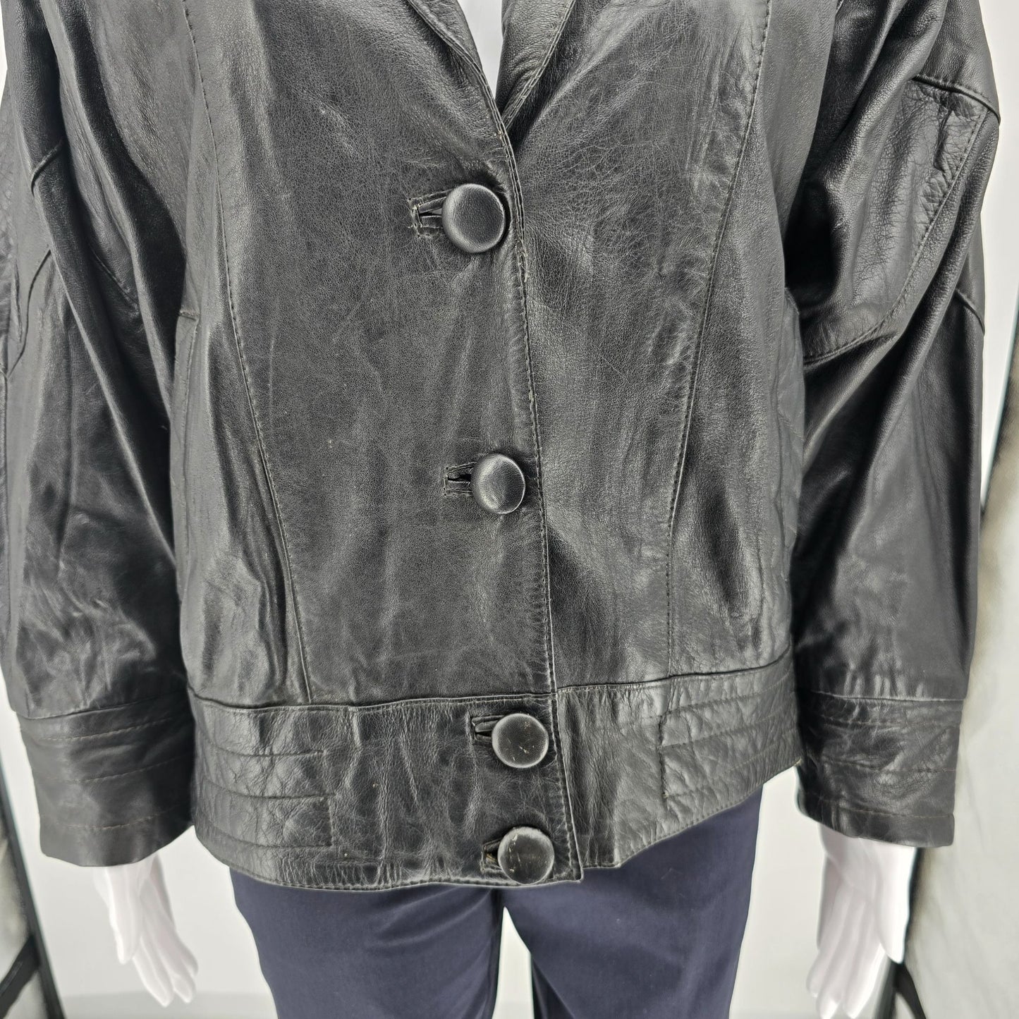 Vintage 1980s Samson Women's Oversized Batwing Sleeve Black Leather Jacket (L)