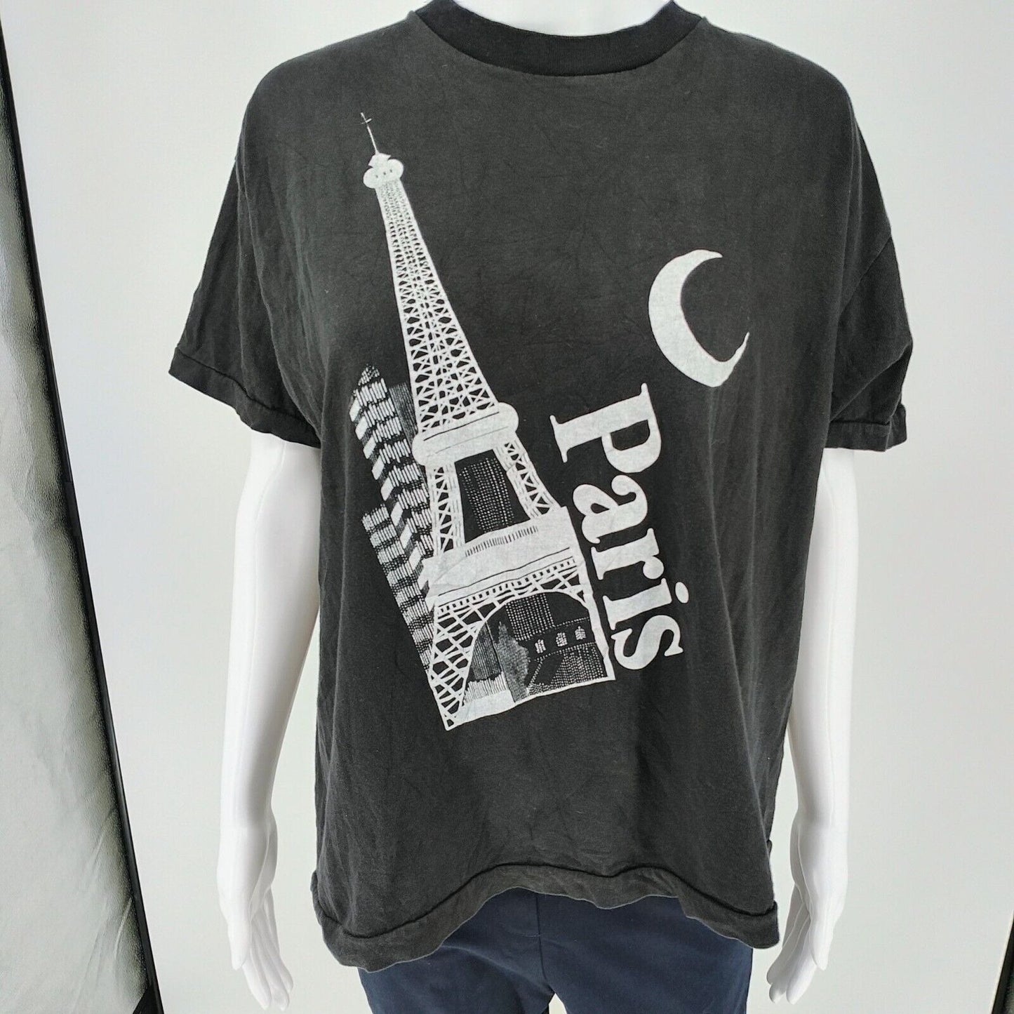 Vintage Single Stitch Brite-Sun Paris Eiffel Tower Black Graphic T-Shirt (XL)