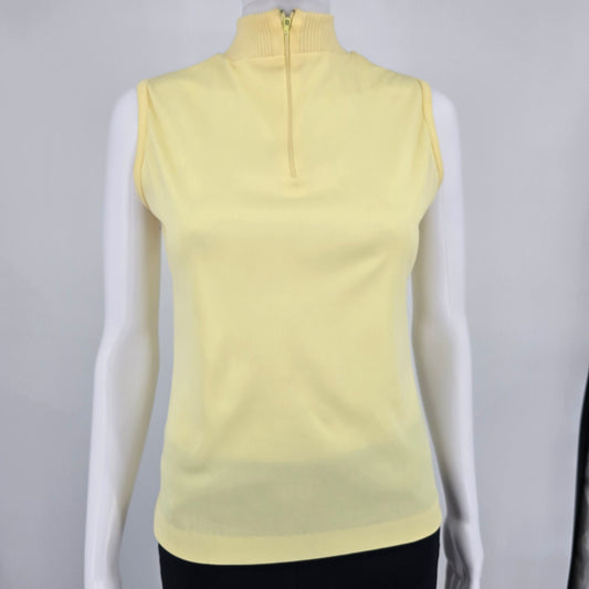 Vintage 1990s Women's Butter Yellow Knit Mock Neck Sleeveless Zip Top (S/M)