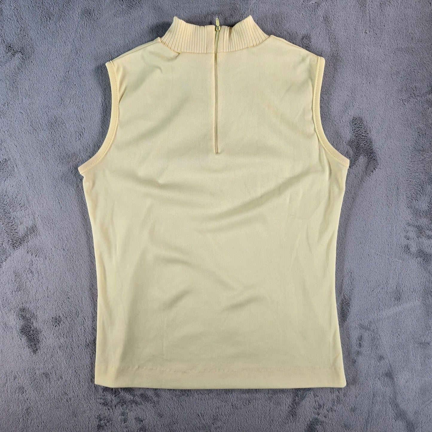 Vintage 1990s Women's Butter Yellow Knit Mock Neck Sleeveless Zip Top (S/M)