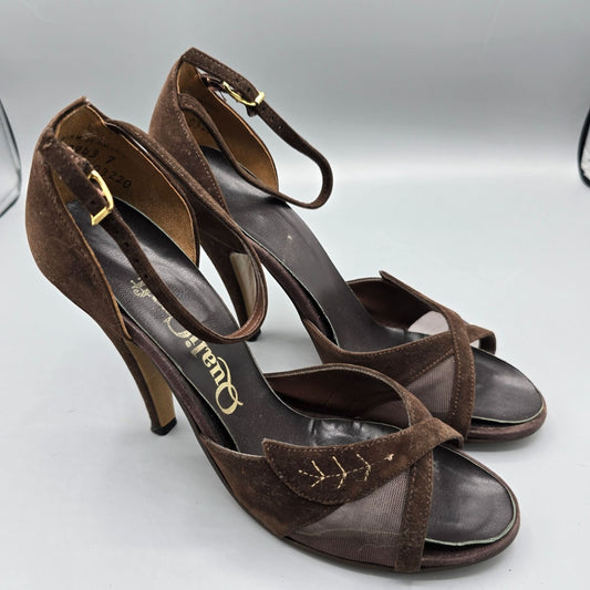 Vintage 1970s QualiCraft Brown Faux-Suede & Mesh Ankle-Strap High Heels (7B)