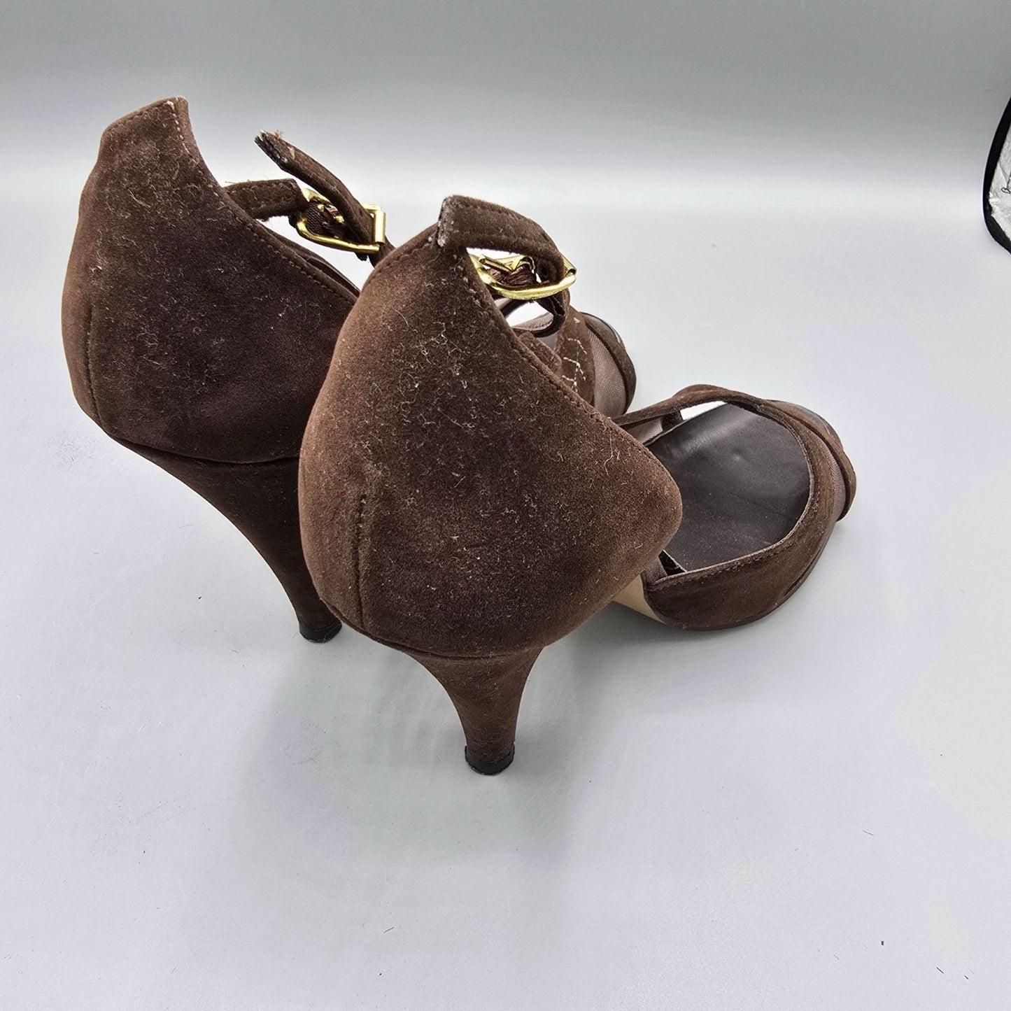 Vintage 1970s QualiCraft Brown Faux-Suede & Mesh Ankle-Strap High Heels (7B)