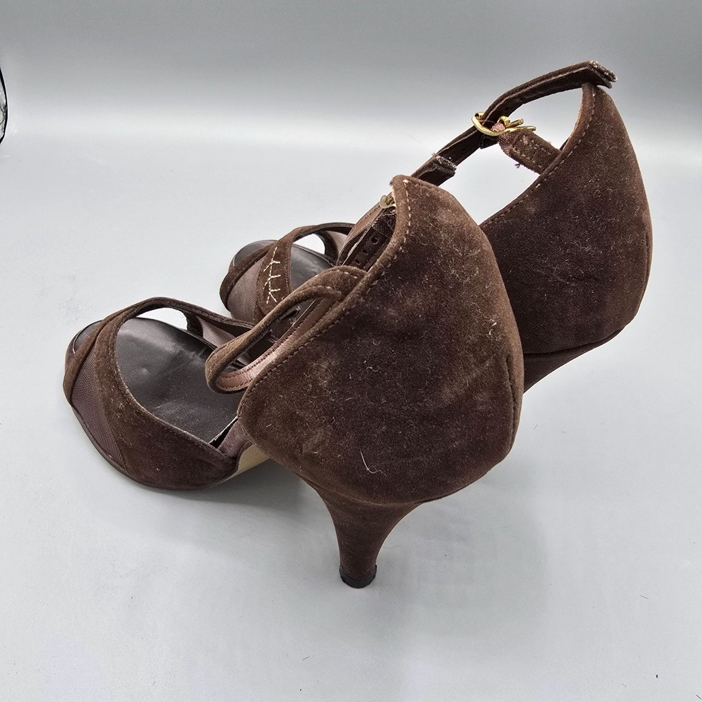 Vintage 1970s QualiCraft Brown Faux-Suede & Mesh Ankle-Strap High Heels (7B)