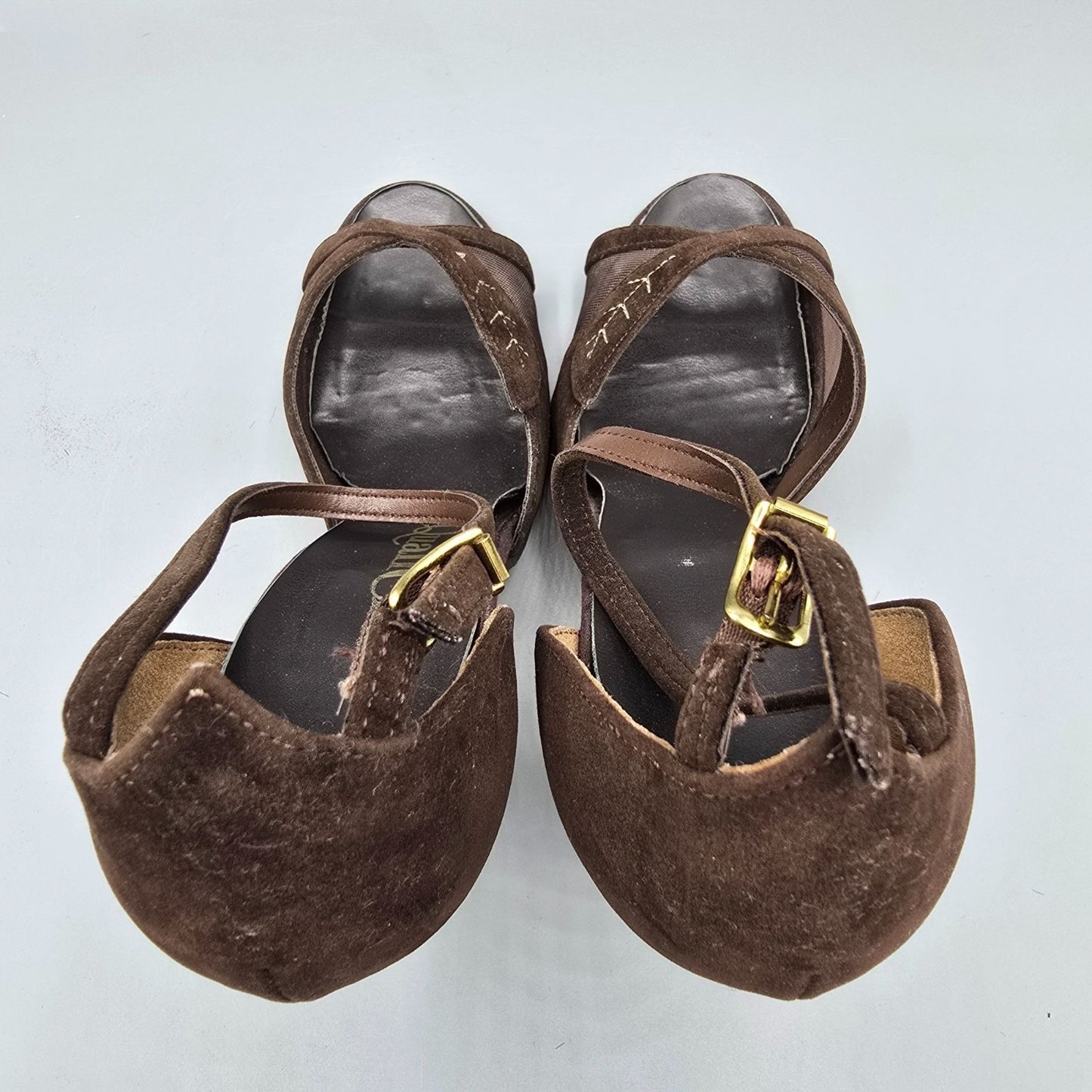 Vintage 1970s QualiCraft Brown Faux-Suede & Mesh Ankle-Strap High Heels (7B)