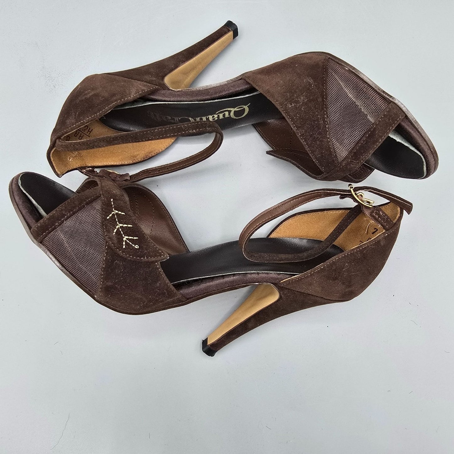 Vintage 1970s QualiCraft Brown Faux-Suede & Mesh Ankle-Strap High Heels (7B)