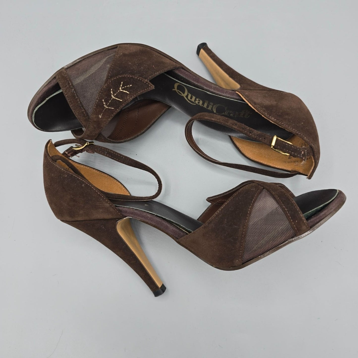 Vintage 1970s QualiCraft Brown Faux-Suede & Mesh Ankle-Strap High Heels (7B)