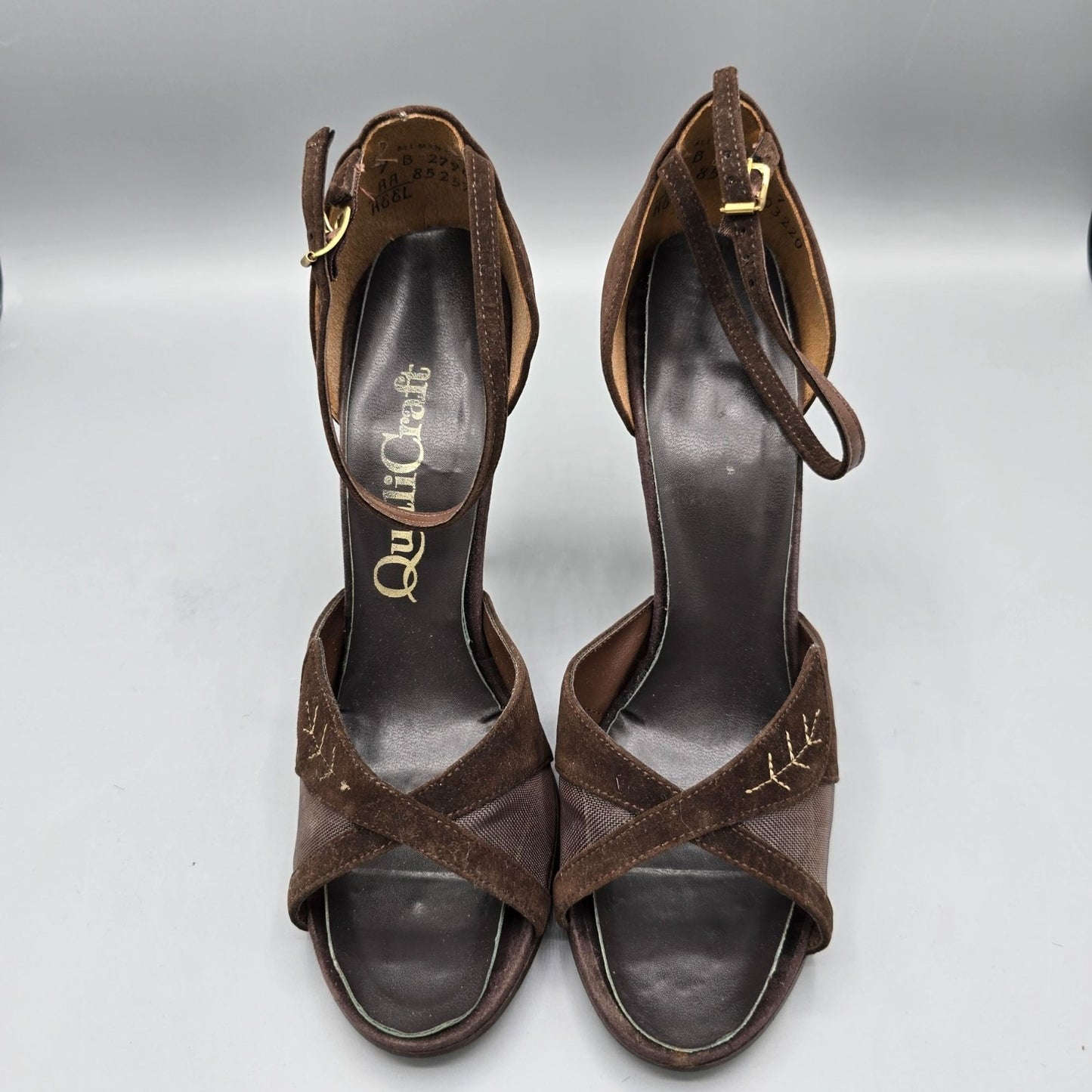 Vintage 1970s QualiCraft Brown Faux-Suede & Mesh Ankle-Strap High Heels (7B)