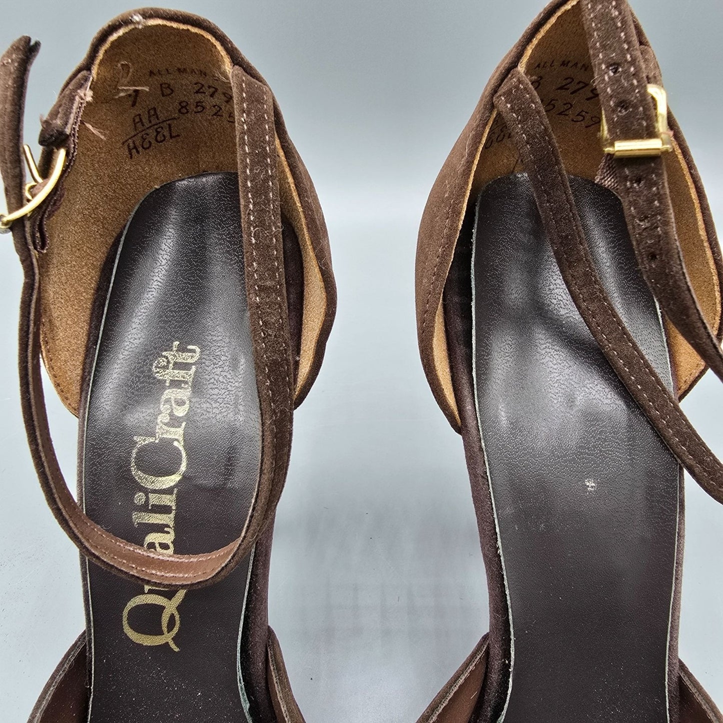 Vintage 1970s QualiCraft Brown Faux-Suede & Mesh Ankle-Strap High Heels (7B)