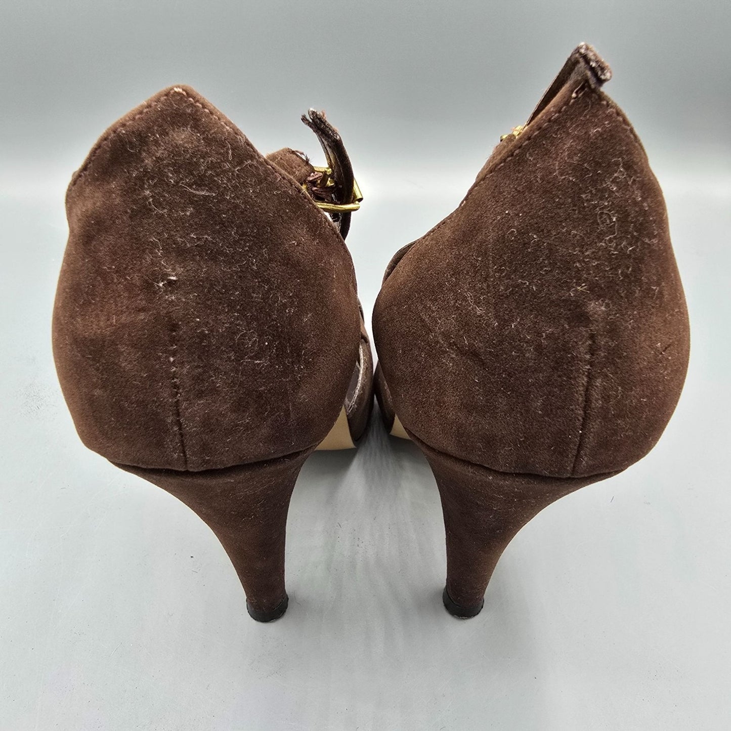 Vintage 1970s QualiCraft Brown Faux-Suede & Mesh Ankle-Strap High Heels (7B)
