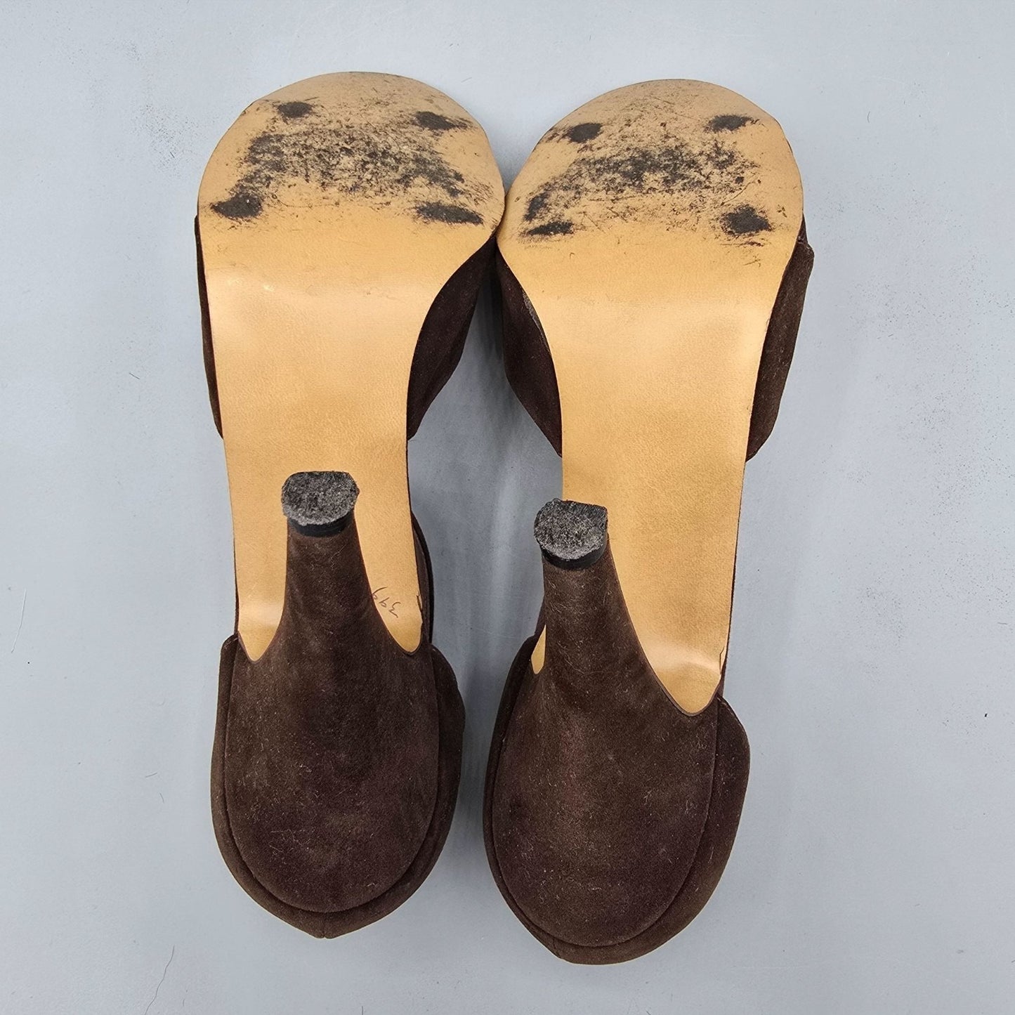 Vintage 1970s QualiCraft Brown Faux-Suede & Mesh Ankle-Strap High Heels (7B)
