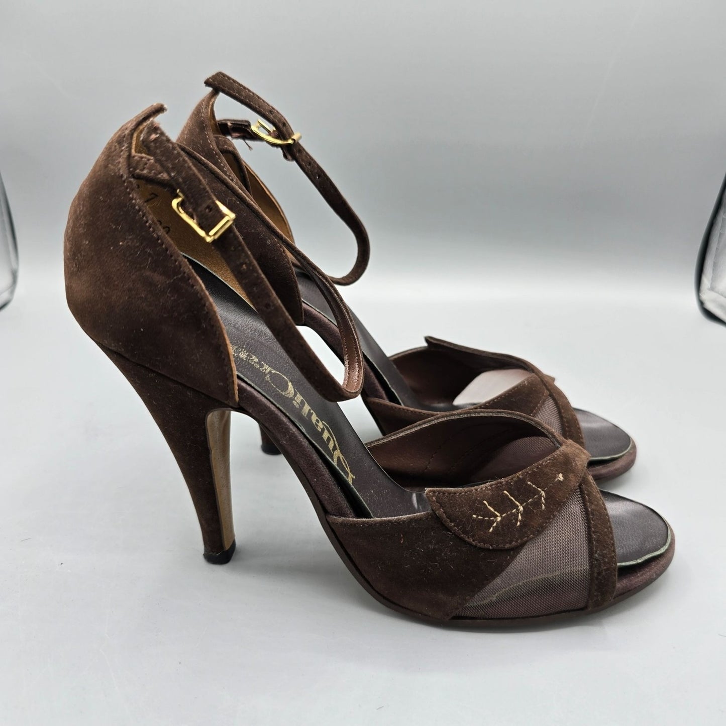 Vintage 1970s QualiCraft Brown Faux-Suede & Mesh Ankle-Strap High Heels (7B)