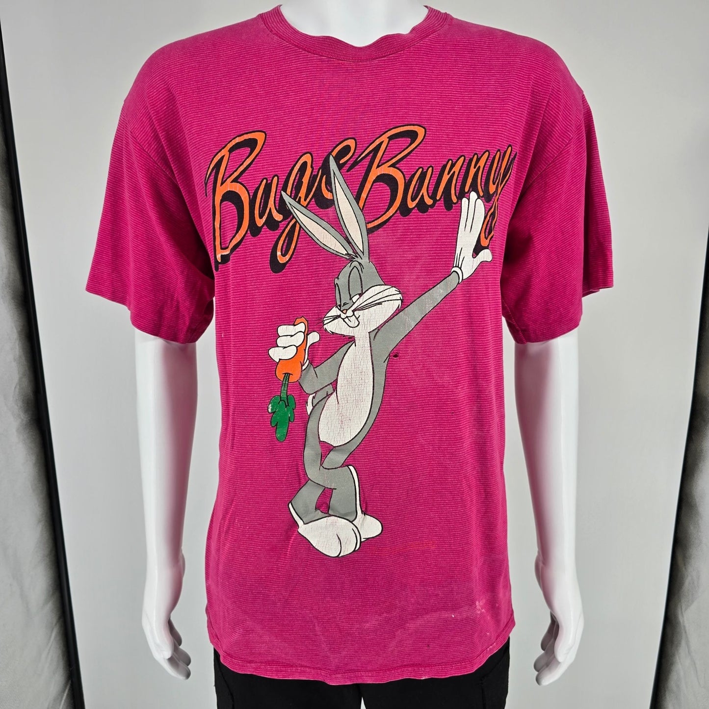 Distressed Vintage 1990s Velva Sheen Bugs Bunny Striped Pink T-Shirt (L/XL)