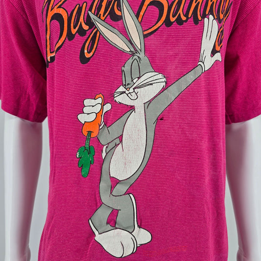 Distressed Vintage 1990s Velva Sheen Bugs Bunny Striped Pink T-Shirt (L/XL)