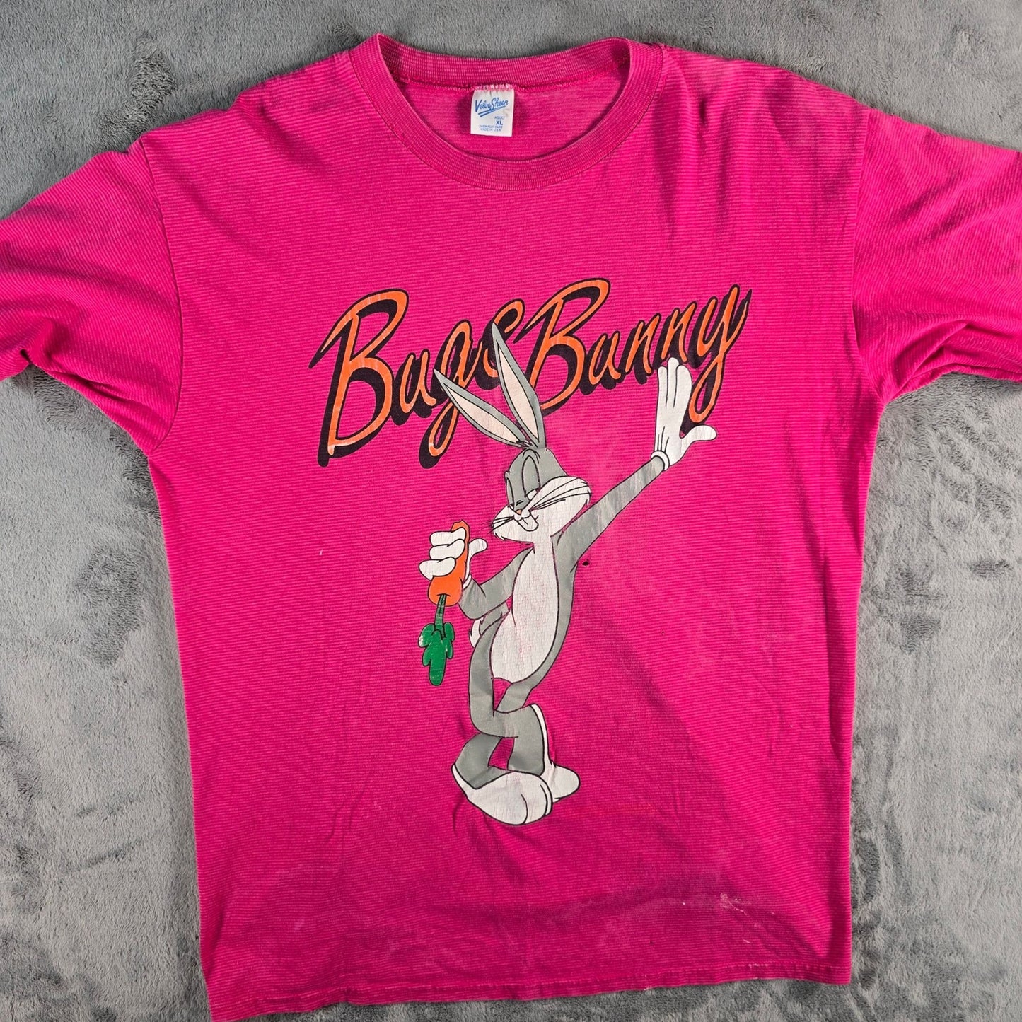 Distressed Vintage 1990s Velva Sheen Bugs Bunny Striped Pink T-Shirt (L/XL)