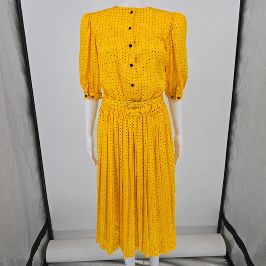 Vintage 1980s Liz Claiborne Yellow Polka Dot Belted Midi Day Dress (Size 8/M)