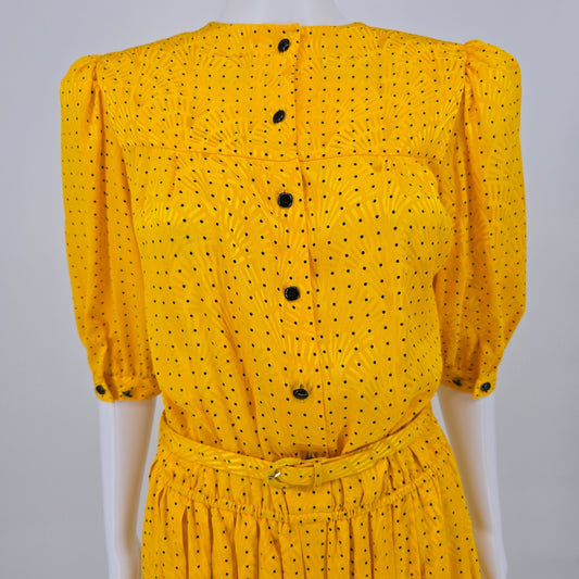 Vintage 1980s Liz Claiborne Yellow Polka Dot Belted Midi Day Dress (Size 8/M)
