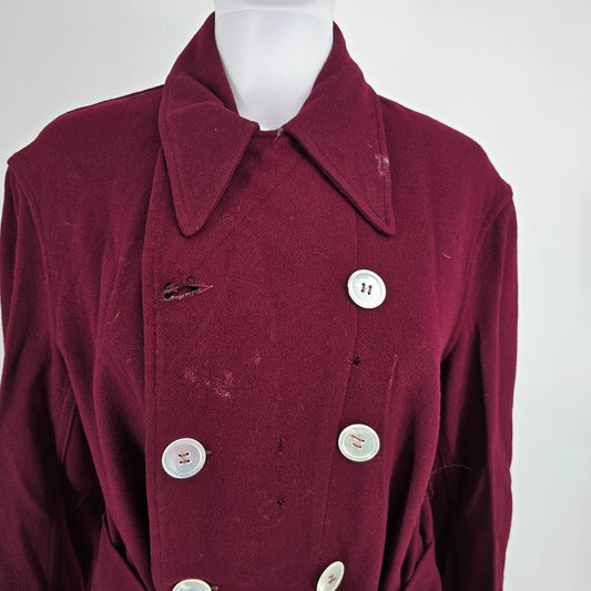 Distressed Vintage 1940s Unbranded Burgundy Wool Double-Breasted Coat (L)