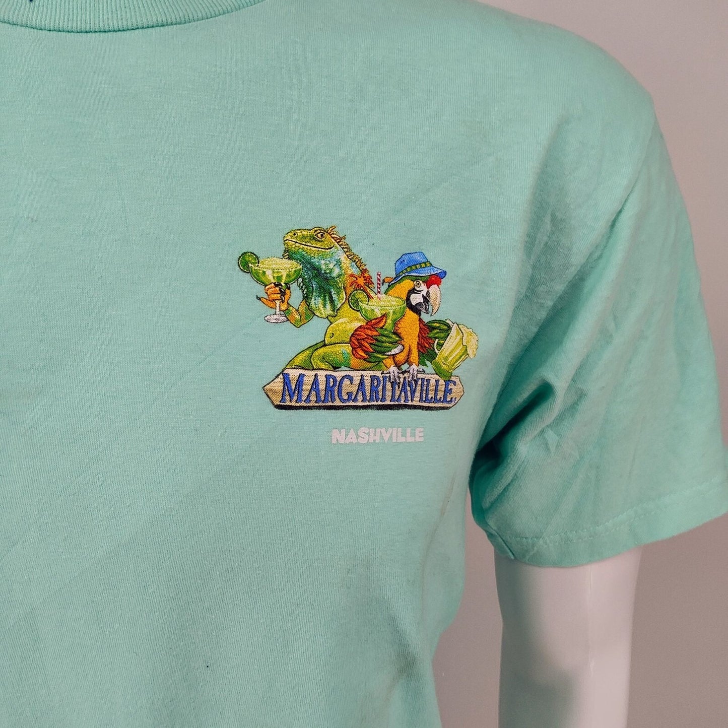 Margaritaville Nashville Back Song Name Signs Aqua Graphic T-Shirt (M) *FLAWED*