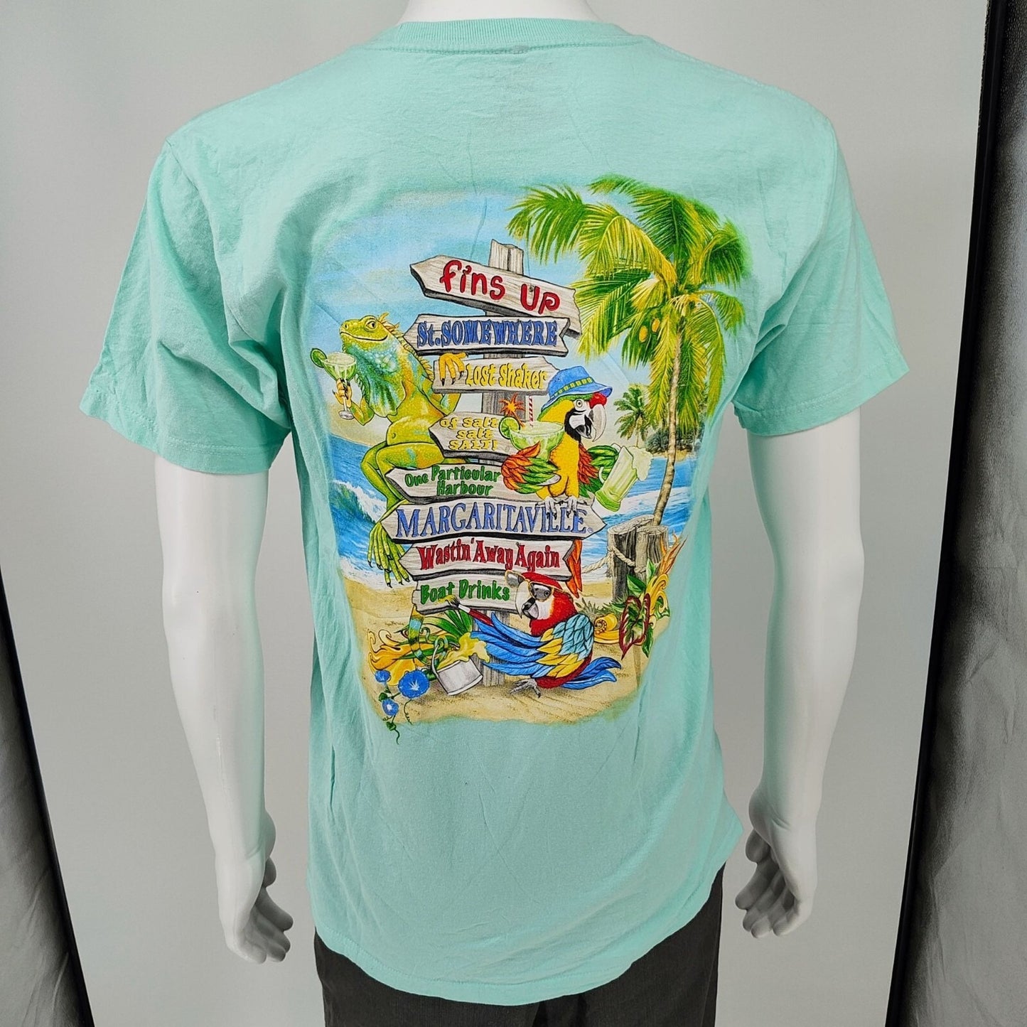 Margaritaville Nashville Back Song Name Signs Aqua Graphic T-Shirt (M) *FLAWED*