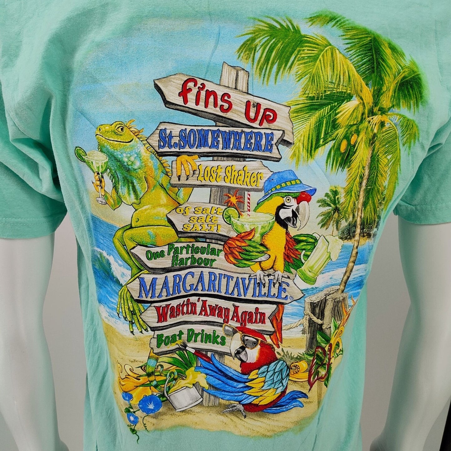 Margaritaville Nashville Back Song Name Signs Aqua Graphic T-Shirt (M) *FLAWED*
