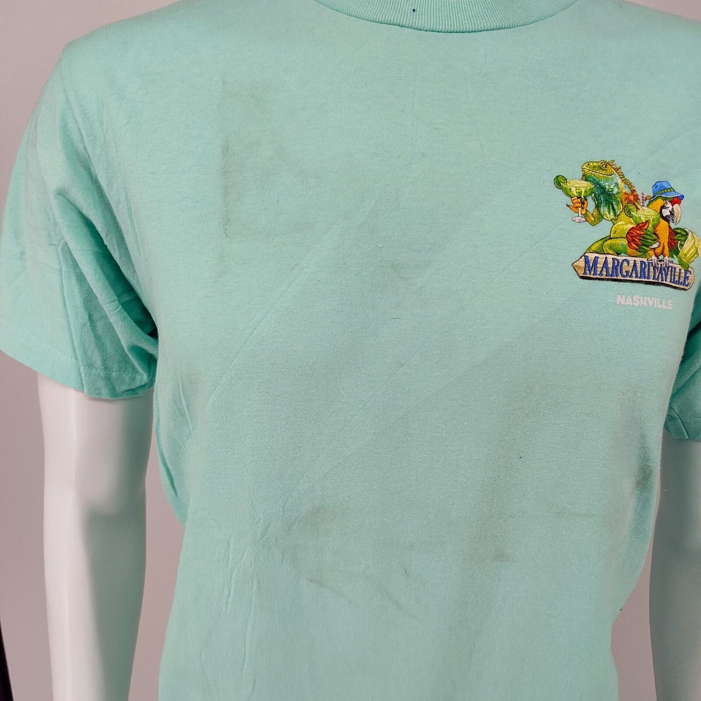 Margaritaville Nashville Back Song Name Signs Aqua Graphic T-Shirt (M) *FLAWED*
