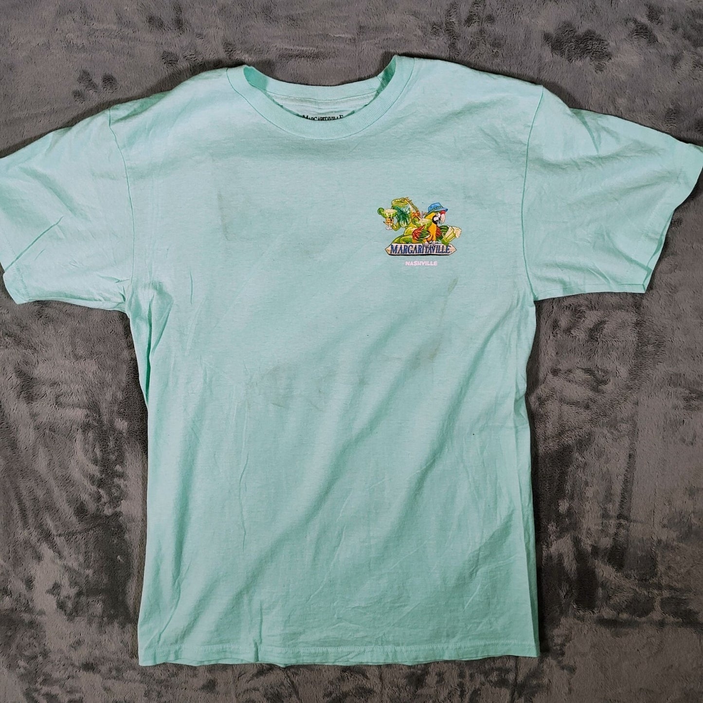 Margaritaville Nashville Back Song Name Signs Aqua Graphic T-Shirt (M) *FLAWED*