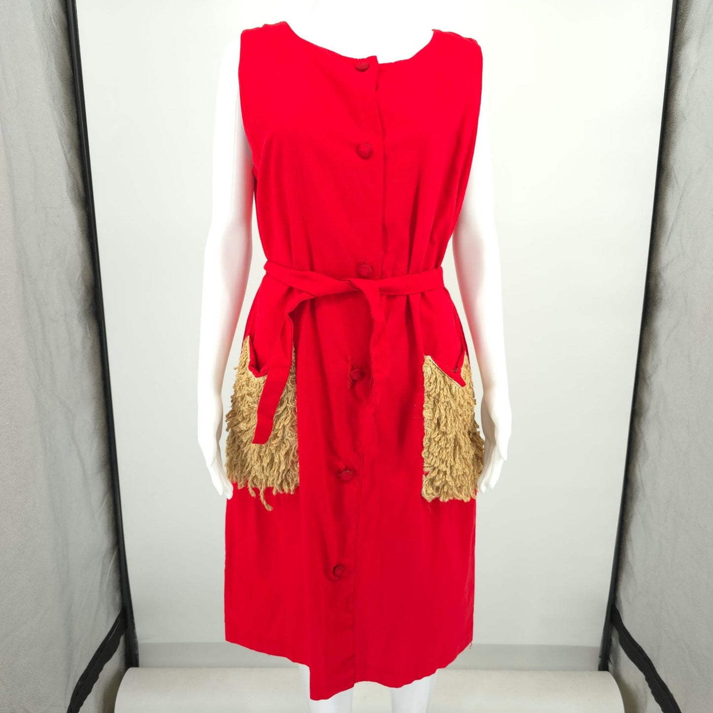 Vintage 1960s Red Button-Front Fringe Pocket Sleeveless Shift Dress (XL)