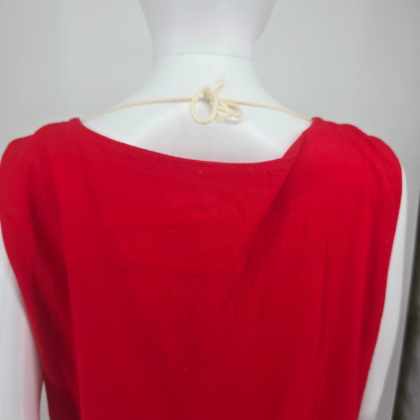 Vintage 1960s Red Button-Front Fringe Pocket Sleeveless Shift Dress (XL)