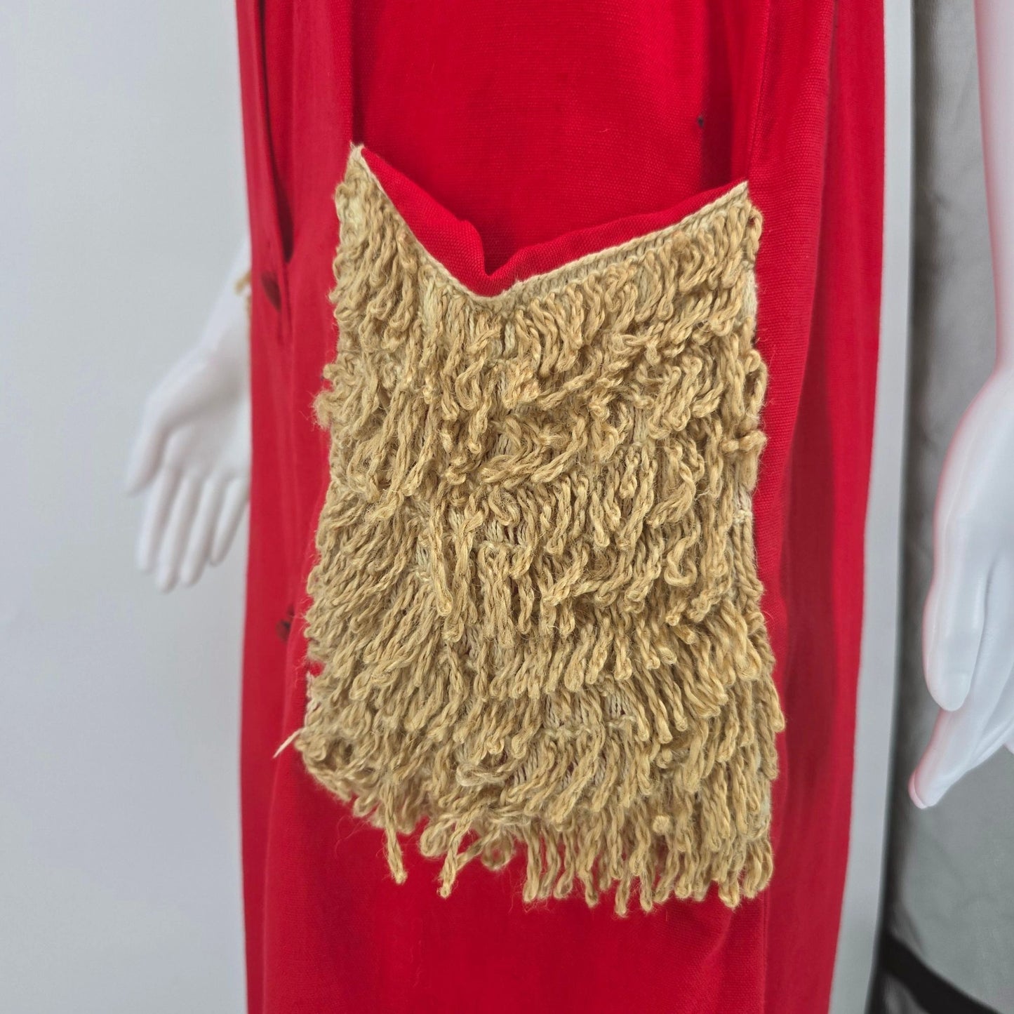 Vintage 1960s Red Button-Front Fringe Pocket Sleeveless Shift Dress (XL)