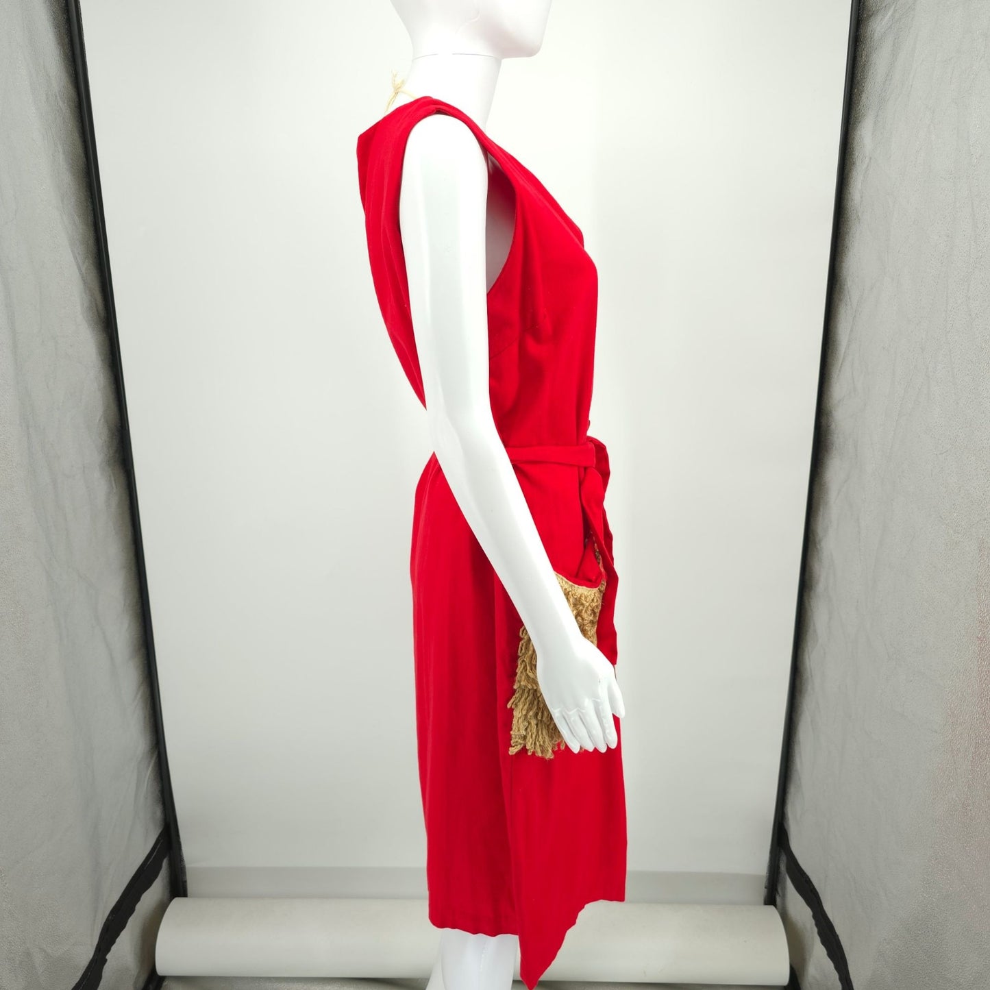 Vintage 1960s Red Button-Front Fringe Pocket Sleeveless Shift Dress (XL)