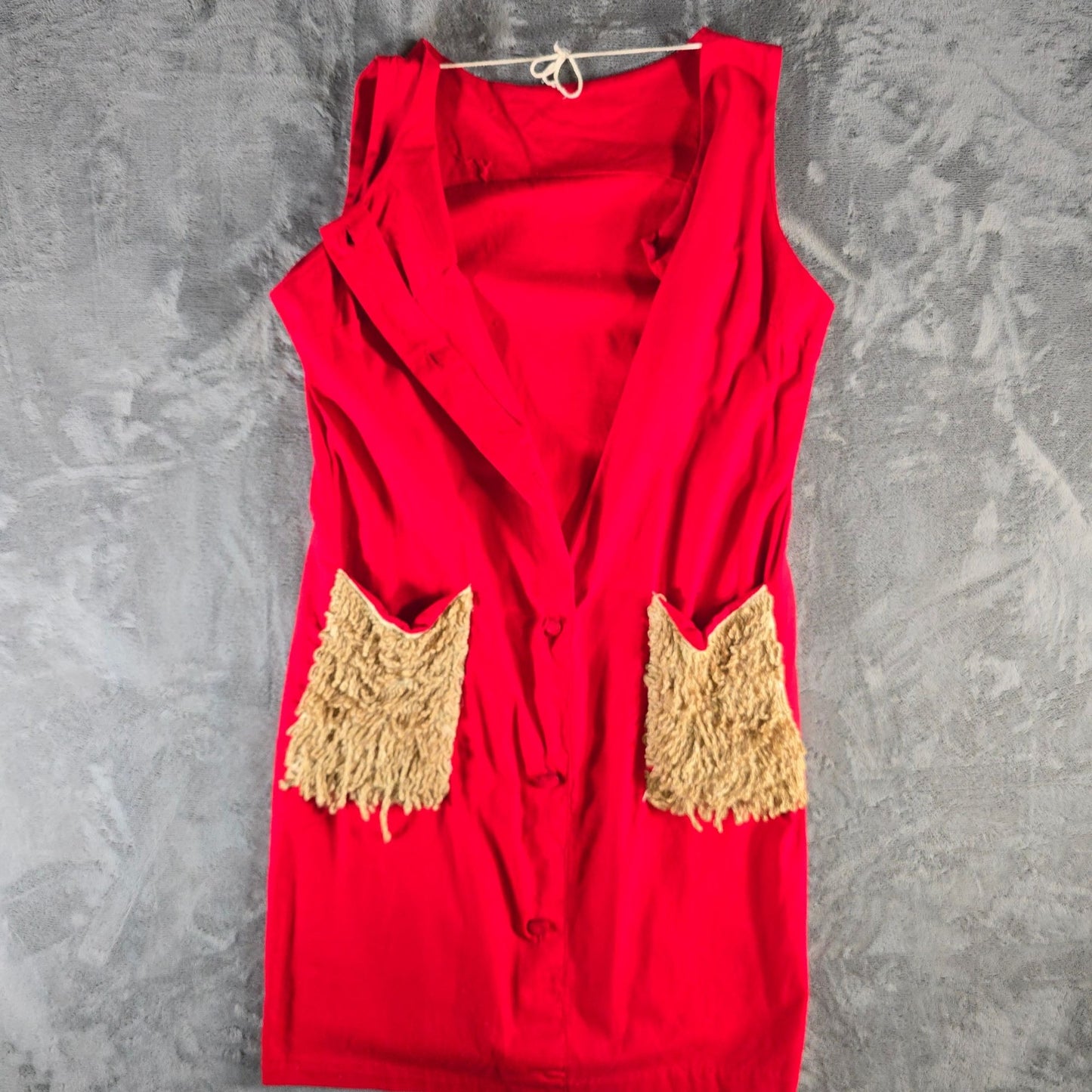 Vintage 1960s Red Button-Front Fringe Pocket Sleeveless Shift Dress (XL)
